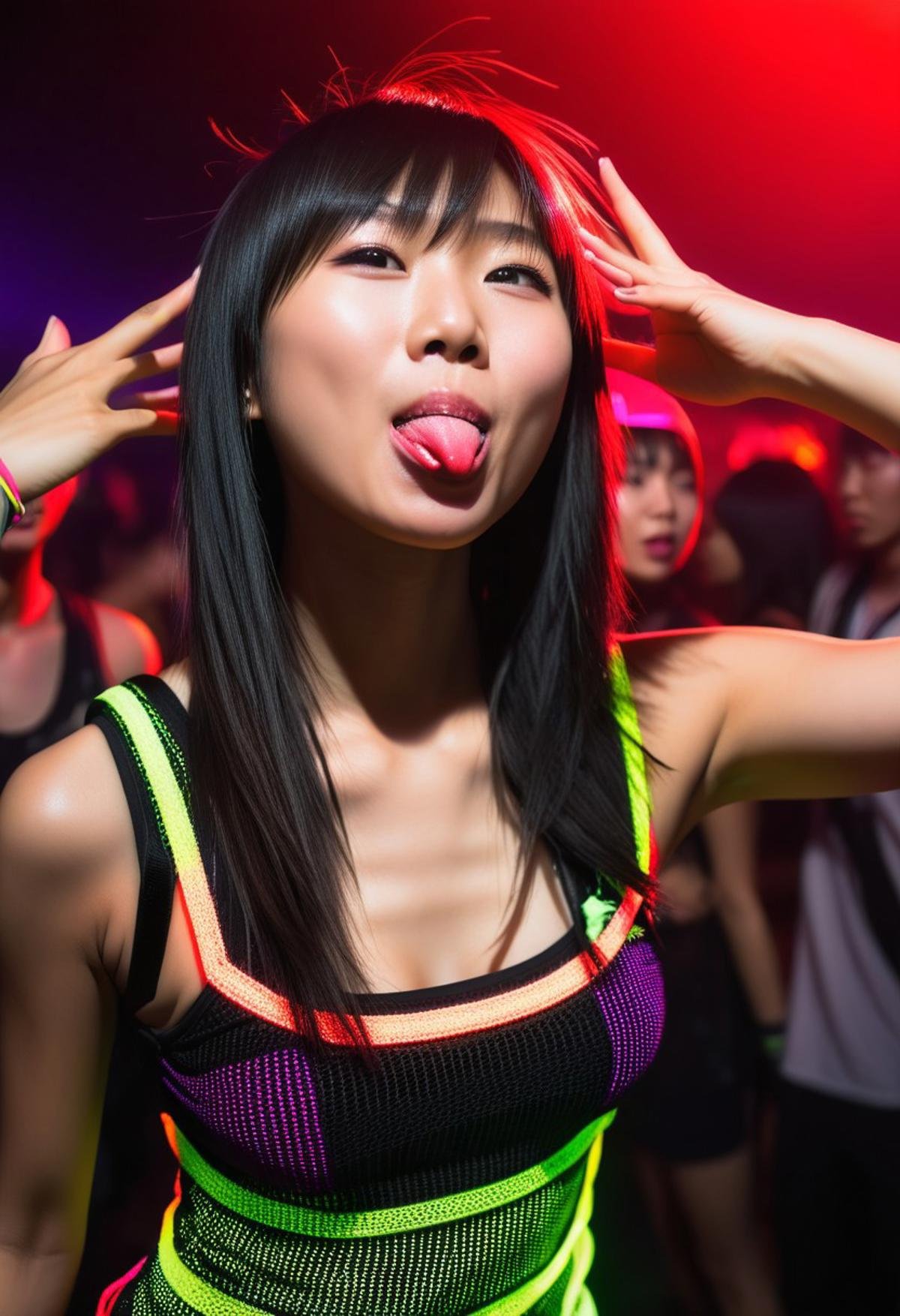 woman, asian, (((raver clothes))), RAW photo, 8k uhd, dslr, soft lighting, film grain, Fujifilm XT3, ((hetero)), , upper body photo, cheekytongue, happy, at a rave, sexy