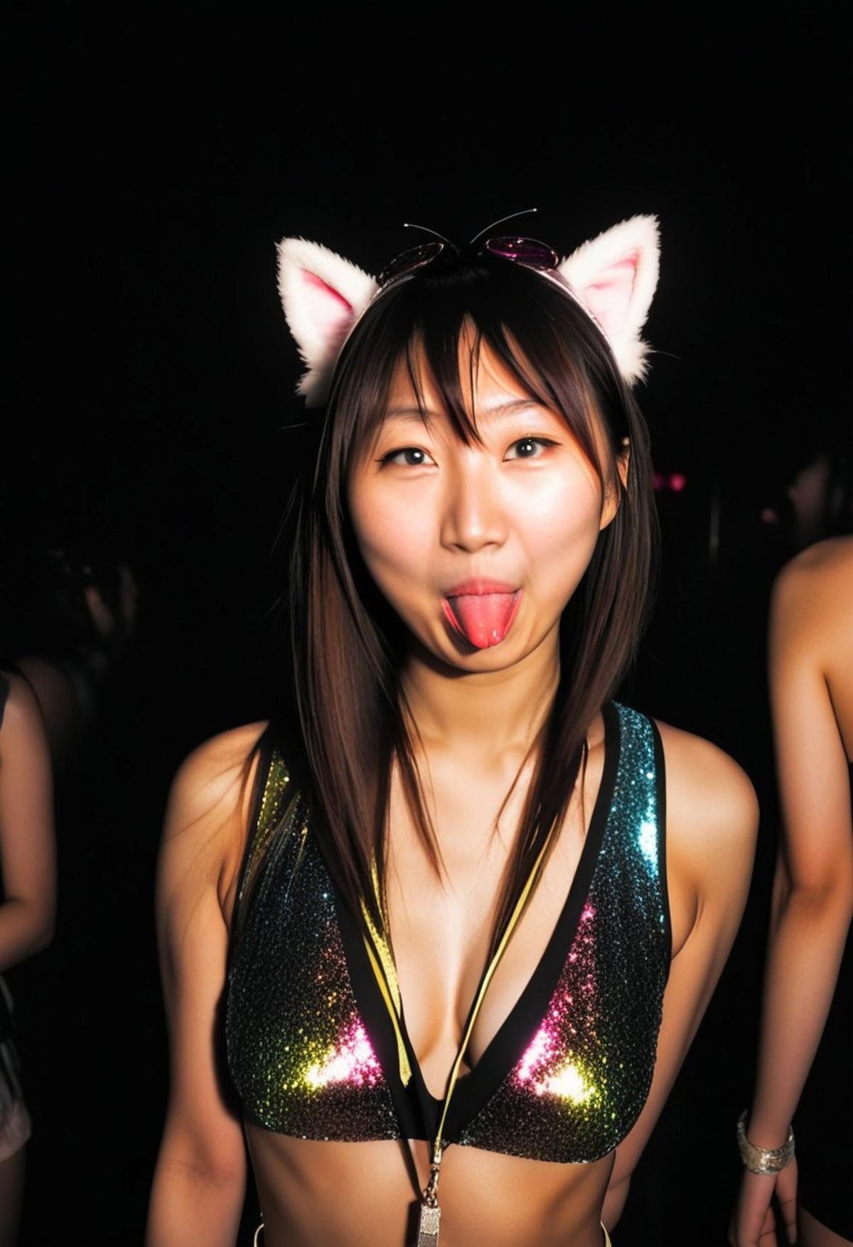 sh3lly, woman, asian, raver clothes, RAW photo, 8k uhd, dslr, soft lighting, film grain, Fujifilm XT3, ((hetero)), , upper body photo, cheekytongue, happy, sexy