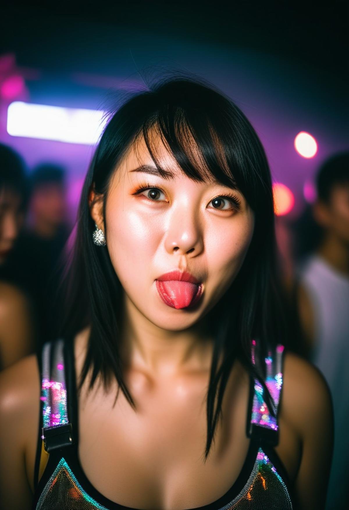 woman, asian, raver clothes, RAW photo, 8k uhd, dslr, soft lighting, film grain, Fujifilm XT3, ((hetero)), , face portrait, cheekytongue