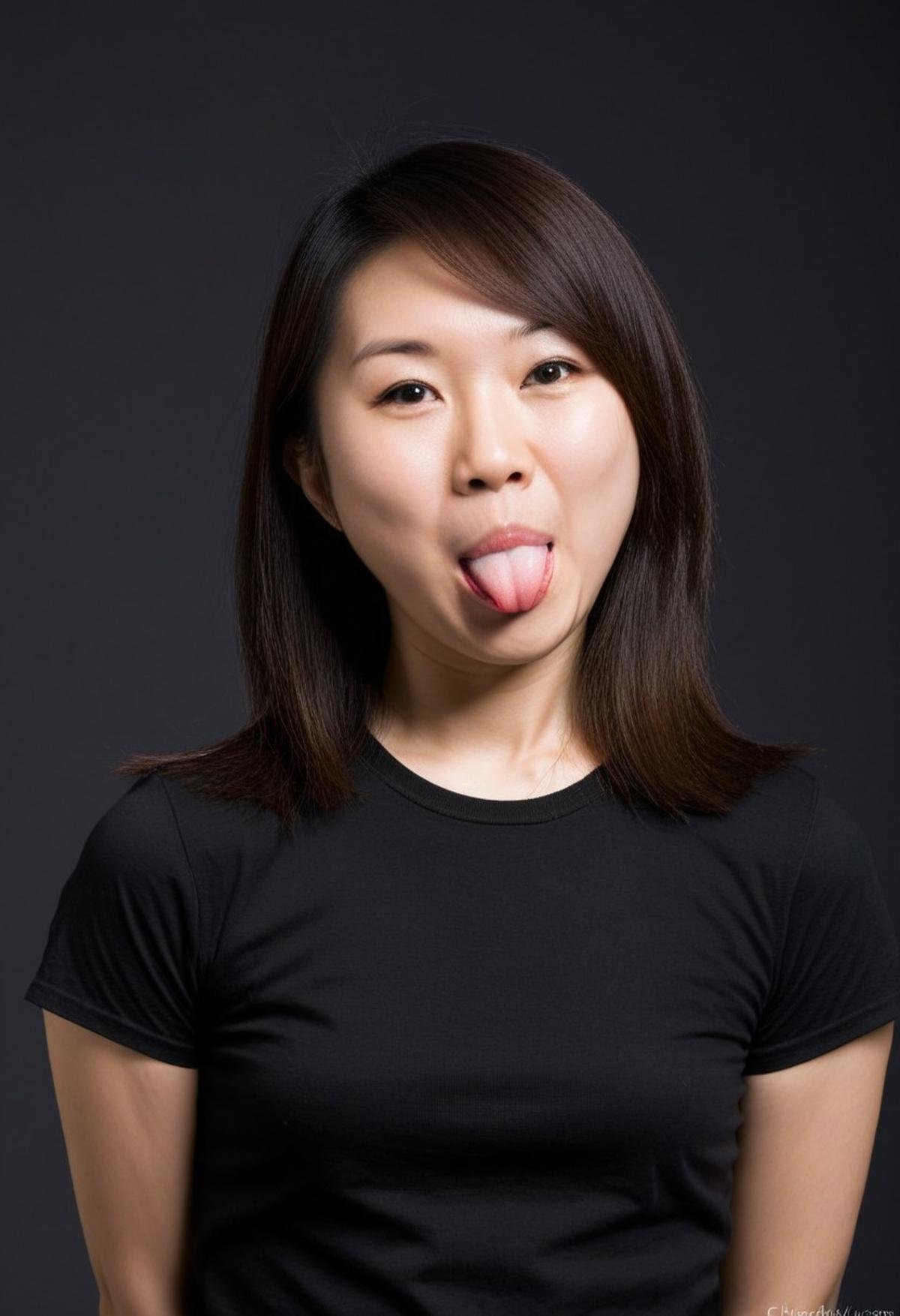 woman, asian, portrait, black t-shirt,  cheekytongue