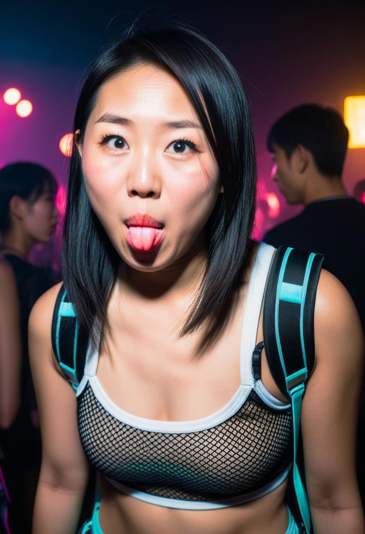 woman, asian, raver clothes, RAW photo, 8k uhd, dslr, soft lighting, film grain, Fujifilm XT3, ((hetero)), , face portrait, cheekytongue