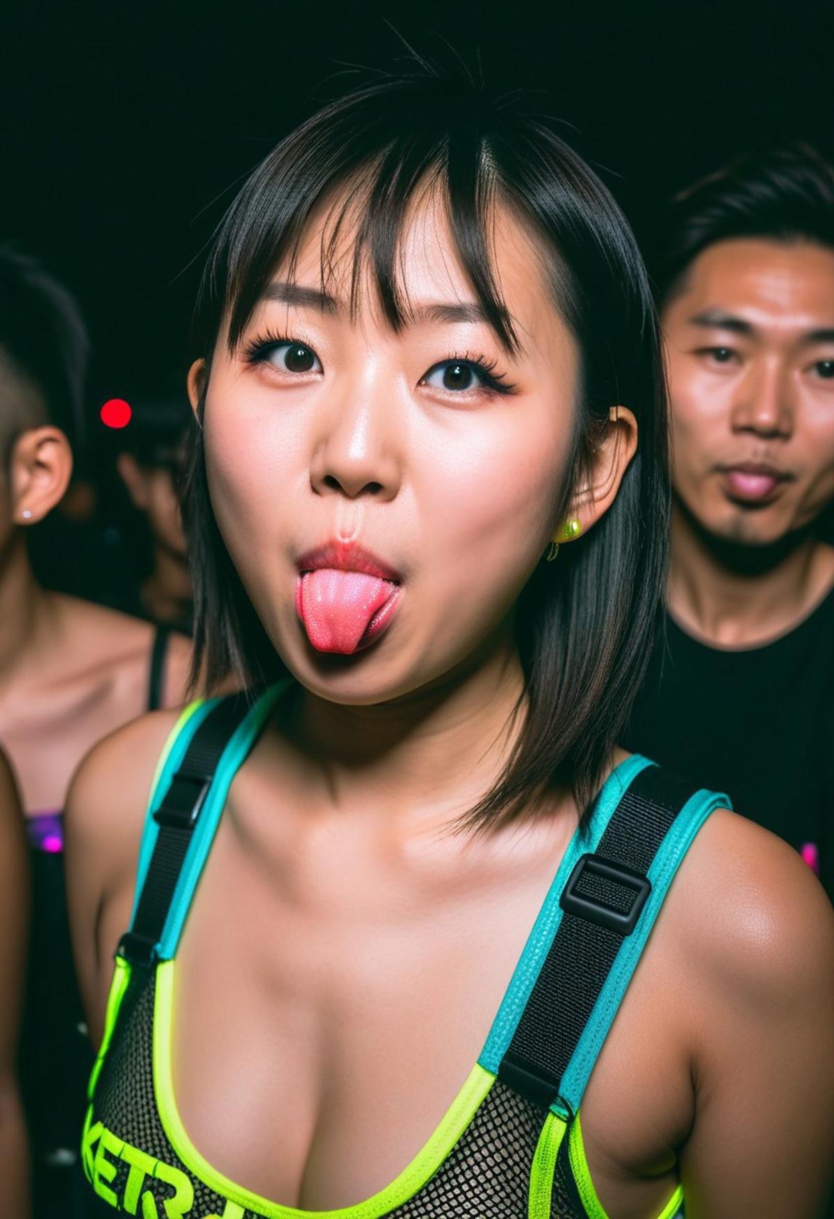 woman, asian, raver clothes, RAW photo, 8k uhd, dslr, soft lighting, film grain, Fujifilm XT3, ((hetero)), , face portrait, cheekytongue