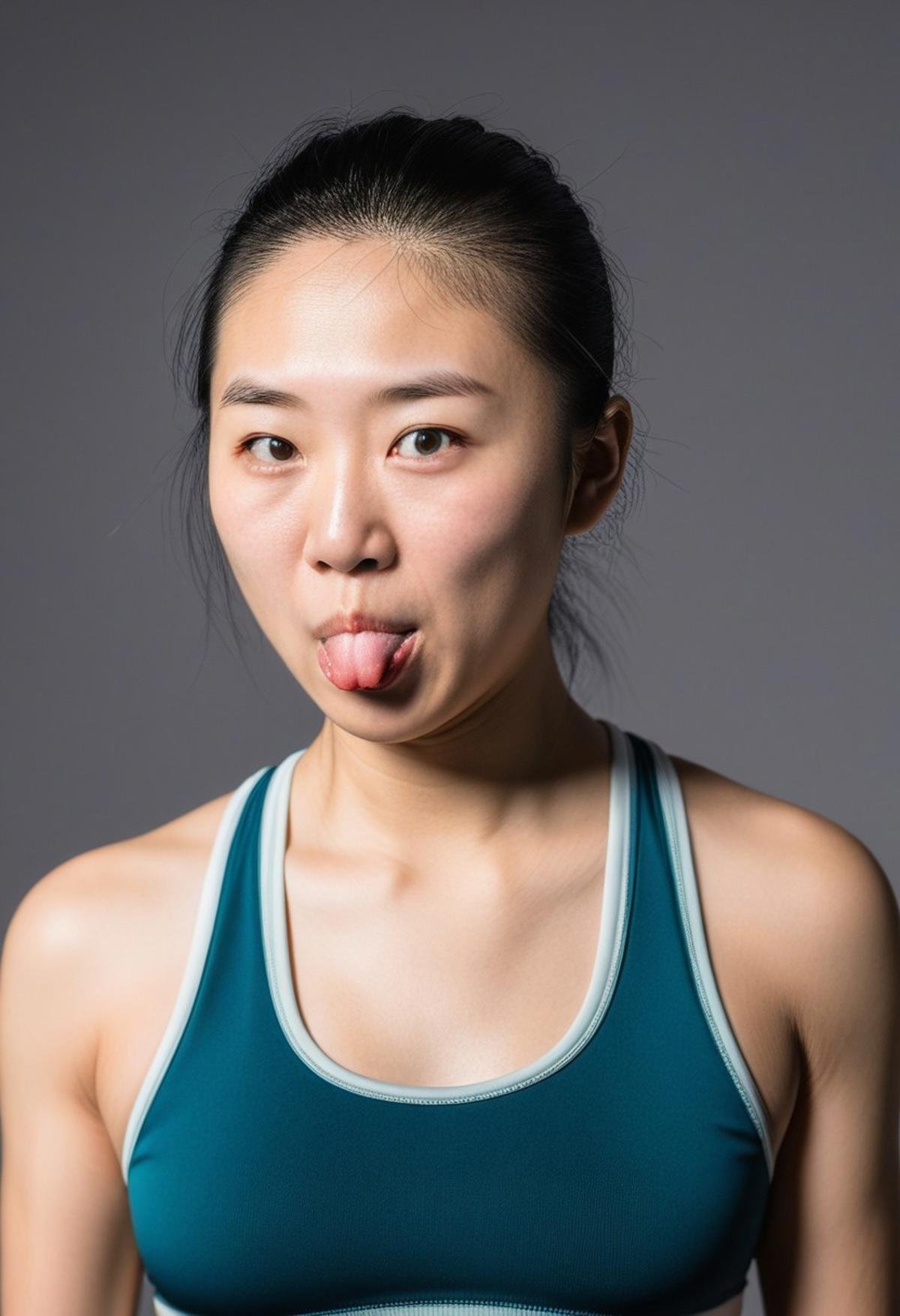 woman, asian, portrait, sports bra, RAW photo, 8k uhd, dslr, soft lighting, film grain, Fujifilm XT3, cheekytongue