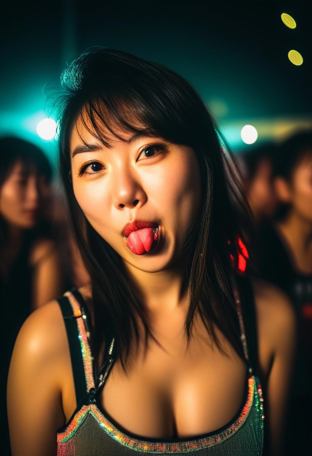 woman, asian, raver clothes, RAW photo, 8k uhd, dslr, soft lighting, film grain, Fujifilm XT3, ((hetero)), , face portrait, cheekytongue