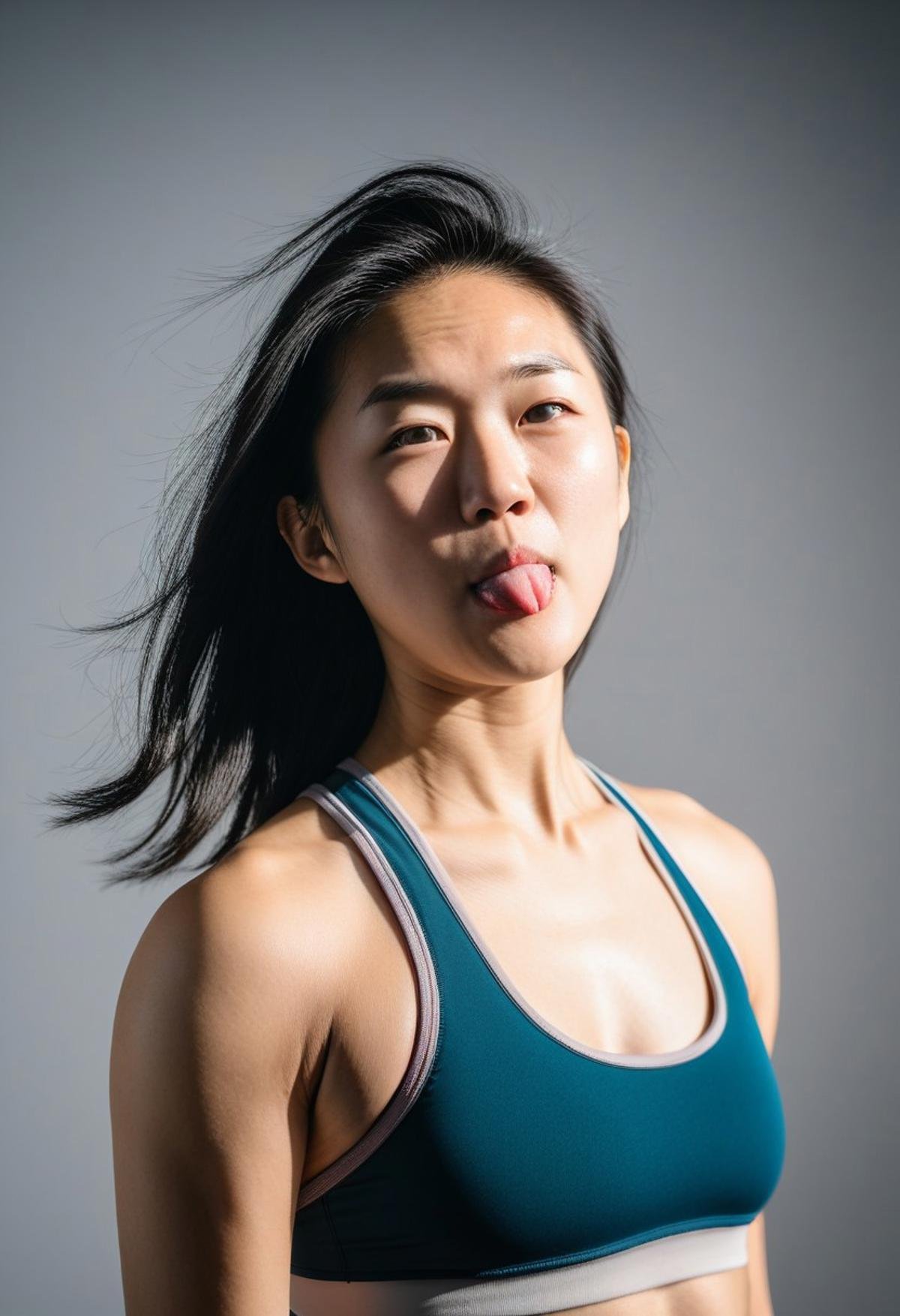 woman, asian, portrait, sports bra, RAW photo, 8k uhd, dslr, soft lighting, film grain, Fujifilm XT3, cheekytongue