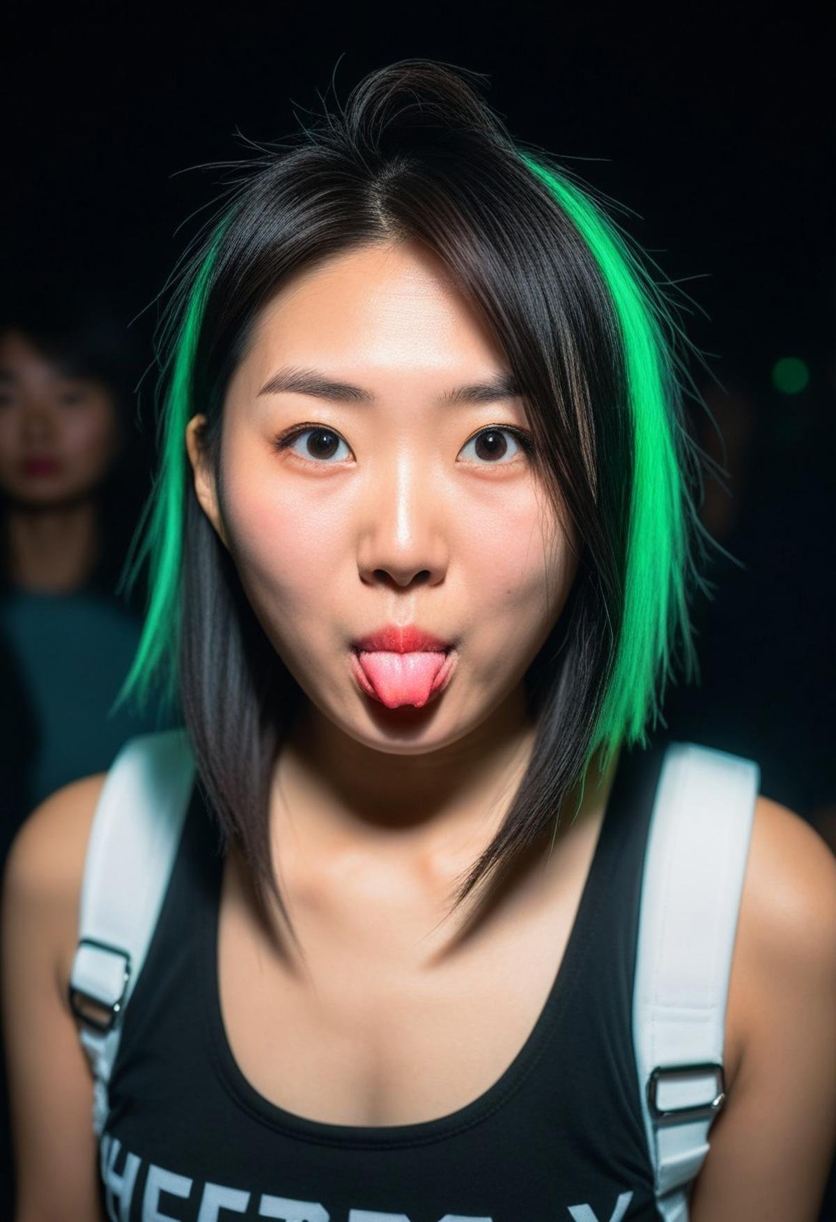 woman, asian, raver clothes, RAW photo, 8k uhd, dslr, soft lighting, film grain, Fujifilm XT3, ((hetero)), , face portrait, cheekytongue