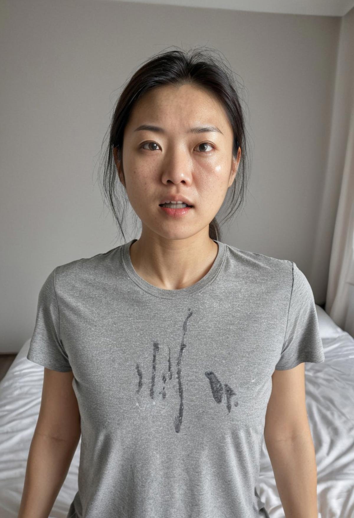 cumonclothes, cum on t-shirt, woman, looking at camera, asian, , RAW photo, 8k uhd, dslr, soft lighting, film grain, Fujifilm XT3, amateur photo, in a bedroom, grey t-shirt, cum on face, facial