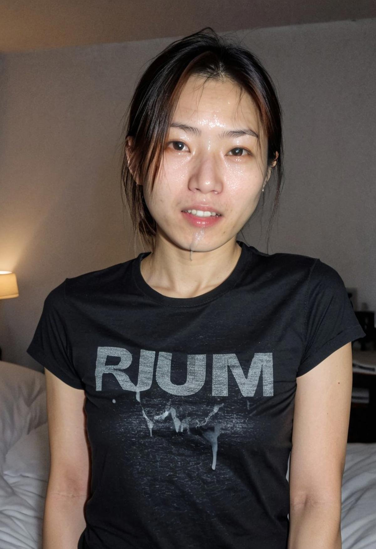 cumonclothes, woman, looking at camera, asian, cum on t-shirt, RAW photo, 8k uhd, dslr, soft lighting, film grain, Fujifilm XT3, amateur photo, in a bedroom, black t-shirt, cum on face, facial