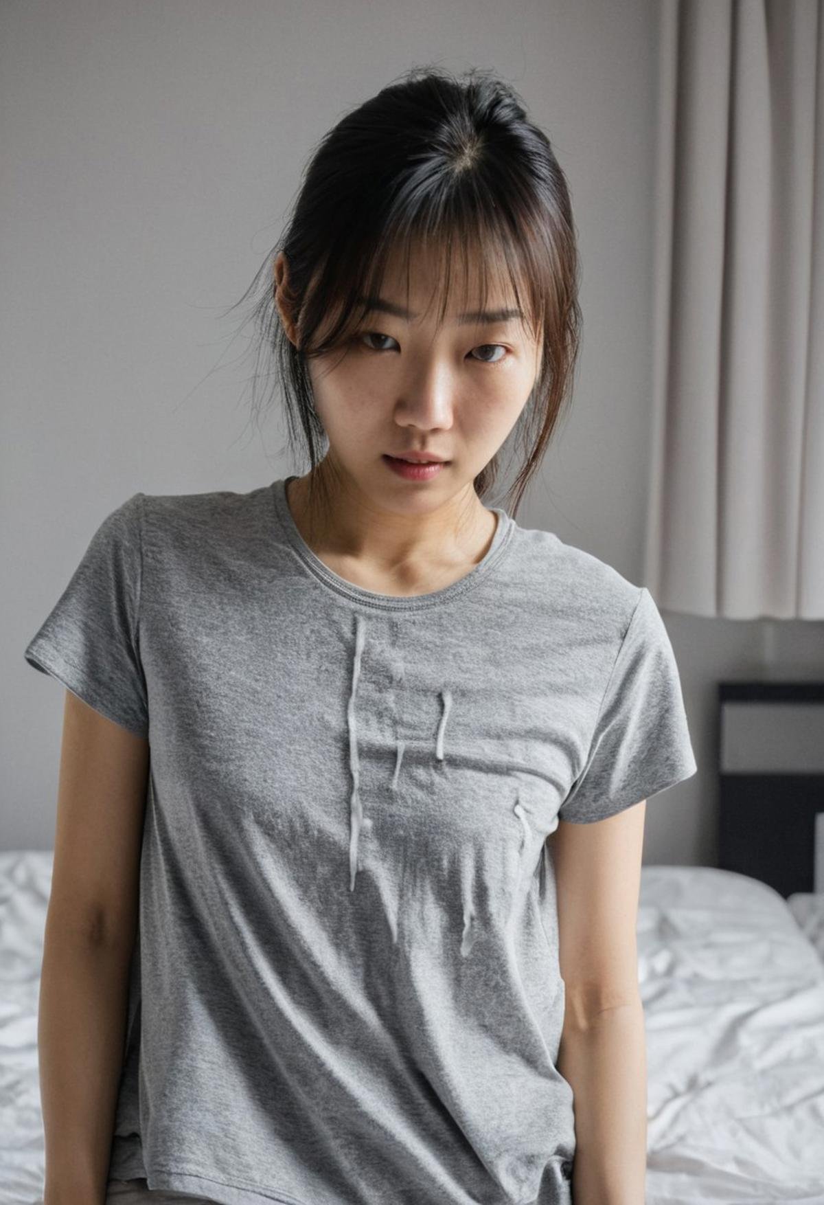 cumonclothes, woman, asian, RAW photo, 8k uhd, dslr, soft lighting, film grain, Fujifilm XT3, amateur photo, in a bedroom, grey t-shirt, , cum on t-shirt