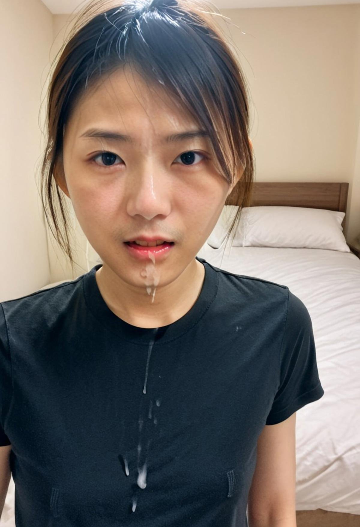 cumonclothes, v4n3ss4, looking at camera, asian, cum on t-shirt, RAW photo, 8k uhd, dslr, soft lighting, film grain, Fujifilm XT3, amateur photo, in a bedroom, black t-shirt, cum on face, facial