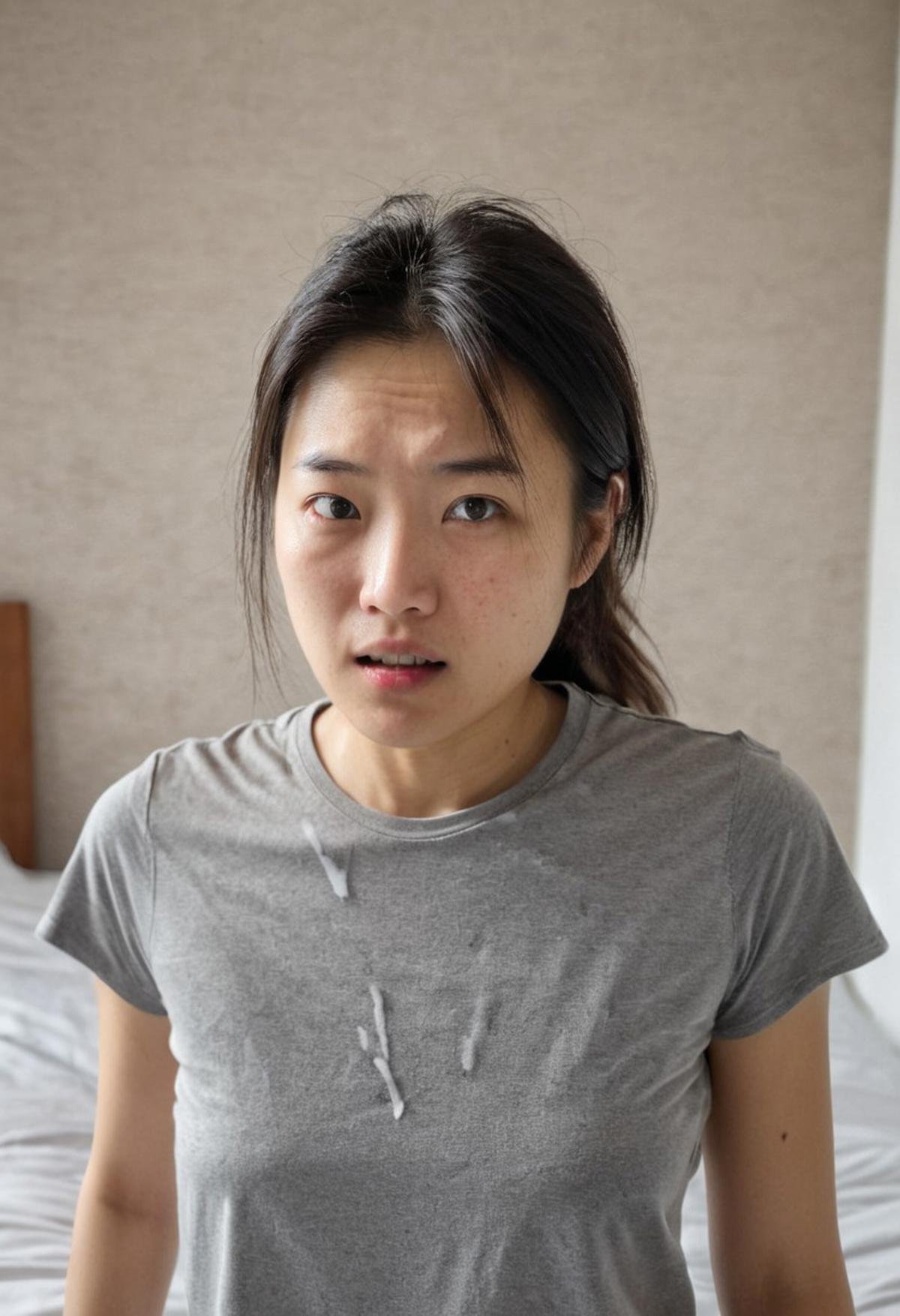 cumonclothes, woman, looking at camera, asian, cum on t-shirt, RAW photo, 8k uhd, dslr, soft lighting, film grain, Fujifilm XT3, amateur photo, in a bedroom, grey t-shirt, cum on face, facial