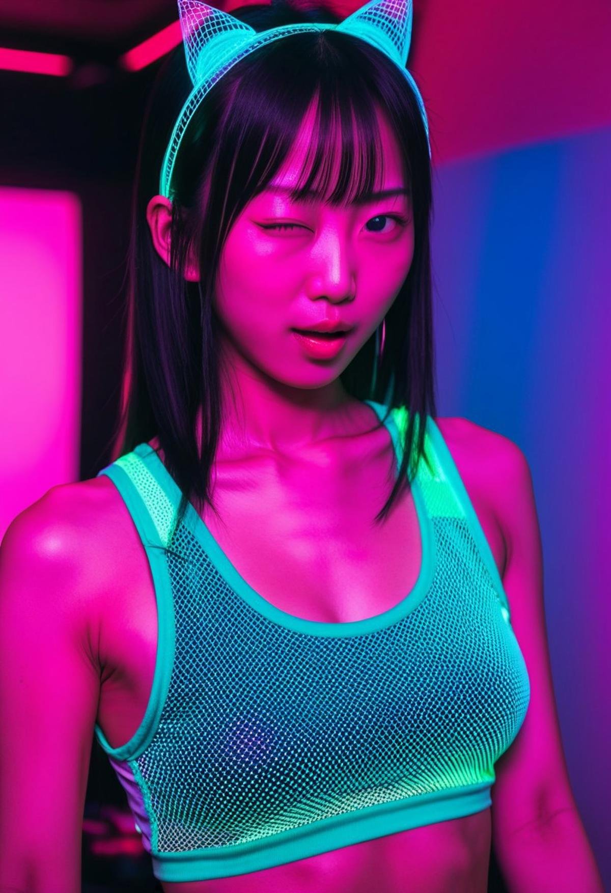 winkingeye, woman, asian, ((raver clothes)), RAW photo, 8k uhd, dslr, soft lighting, film grain, Fujifilm XT3, ((hetero)), , upper body photo, , winking, sexy