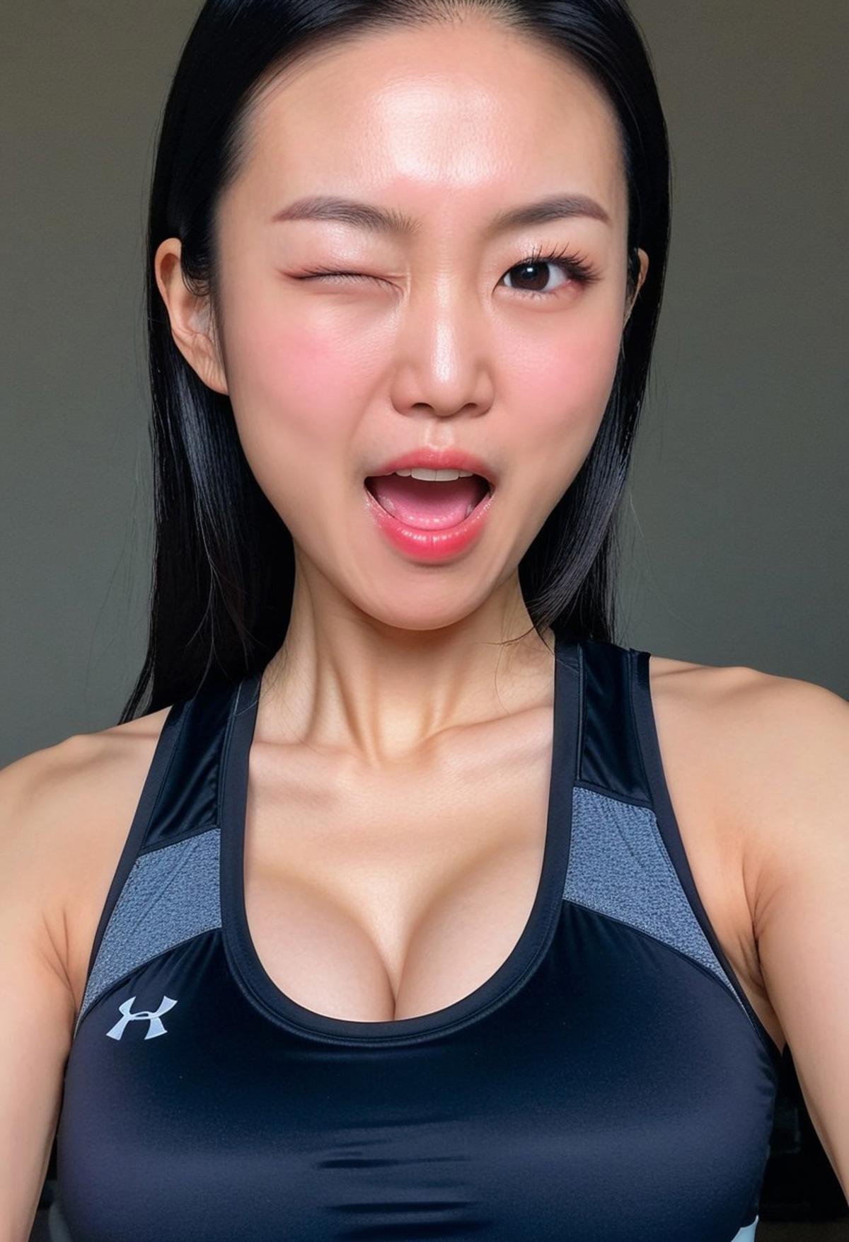 woman, winkingeye, winking, upper body shot, asian, sports bra