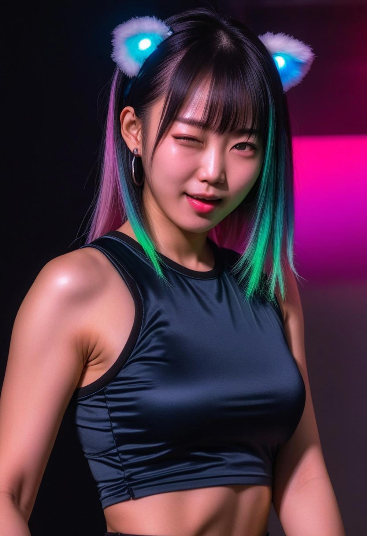 winkingeye, woman, asian, ((raver clothes)), RAW photo, 8k uhd, dslr, soft lighting, film grain, Fujifilm XT3, ((hetero)), , upper body photo, , winking, sexy