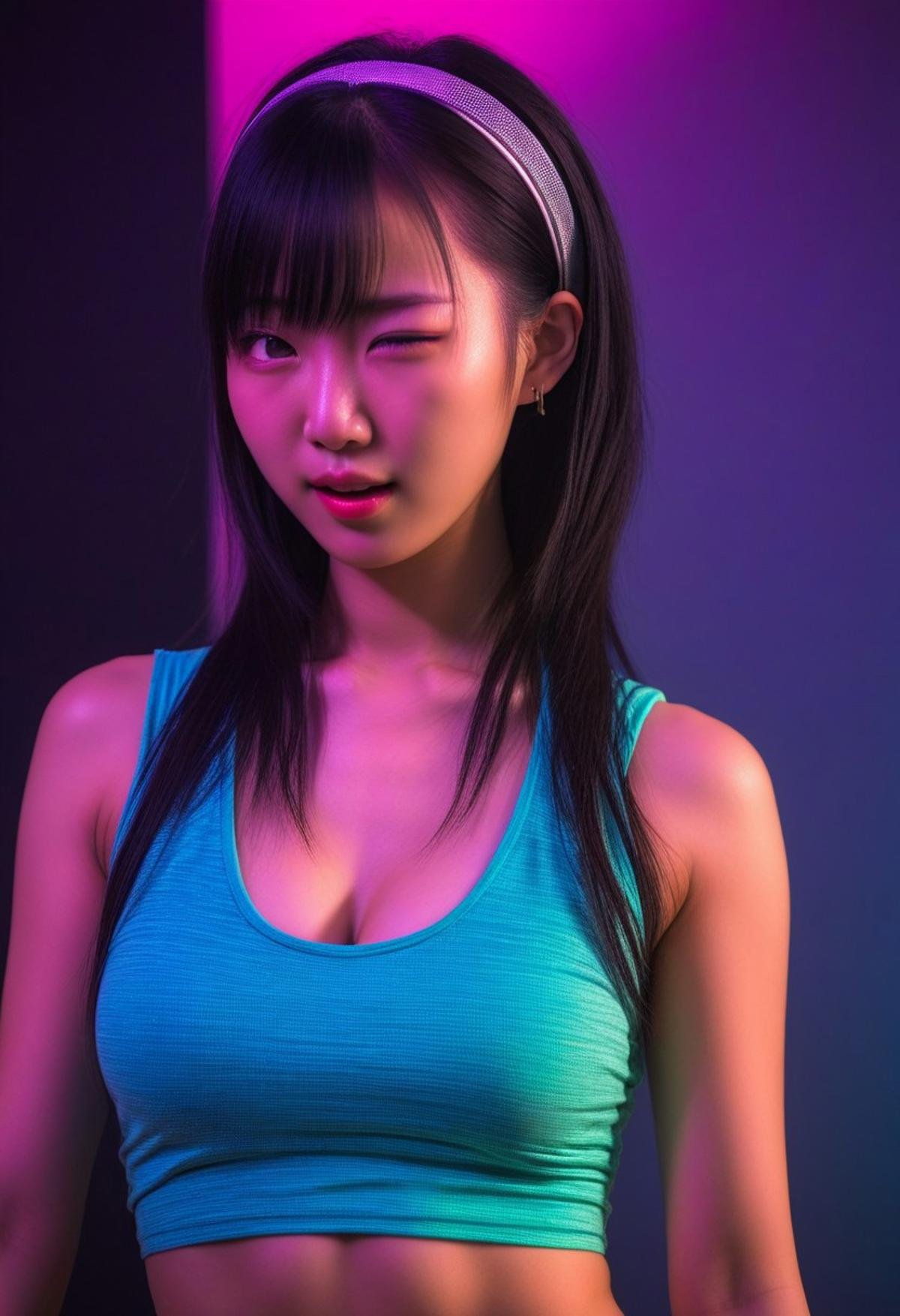 winkingeye, woman, asian, ((raver clothes)), RAW photo, 8k uhd, dslr, soft lighting, film grain, Fujifilm XT3, ((hetero)), , upper body photo, , winking, sexy