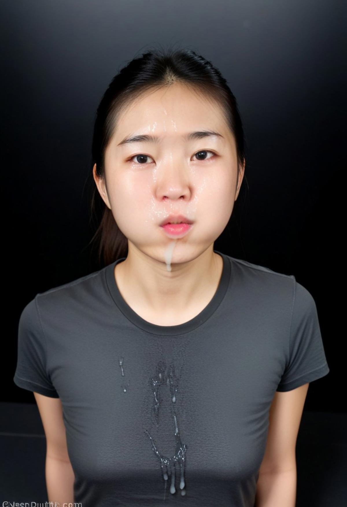 cumonclothes, cum on top, woman, asian, portrait, facial, cum on face, black t-shirt, RAW photo, 8k uhd, dslr, soft lighting, film grain, Fujifilm XT3, amateur photo, puffedoutcheeks