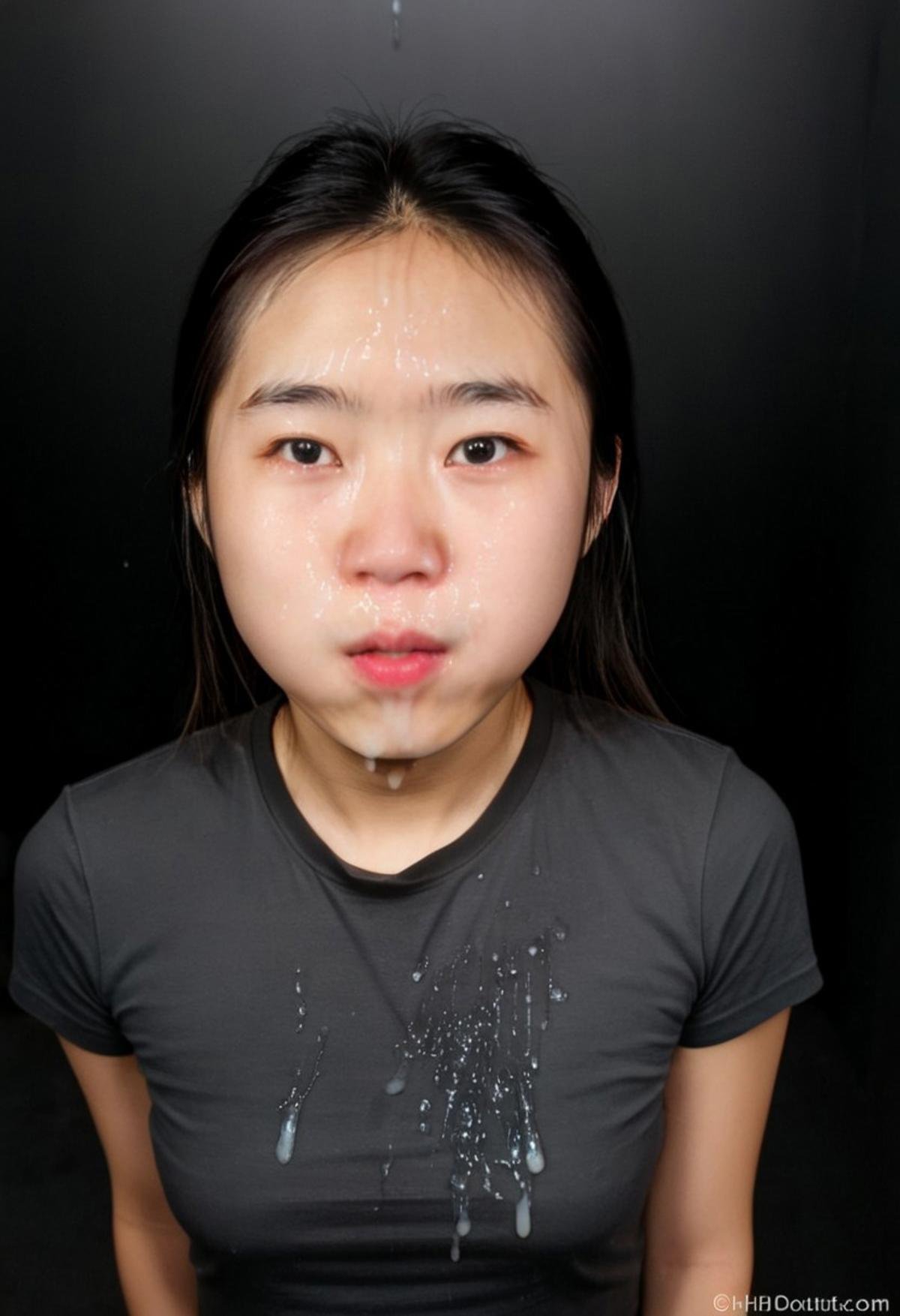 cumonclothes, cum on top, woman, asian, portrait, facial, cum on face, black t-shirt, RAW photo, 8k uhd, dslr, soft lighting, film grain, Fujifilm XT3, amateur photo, puffedoutcheeks