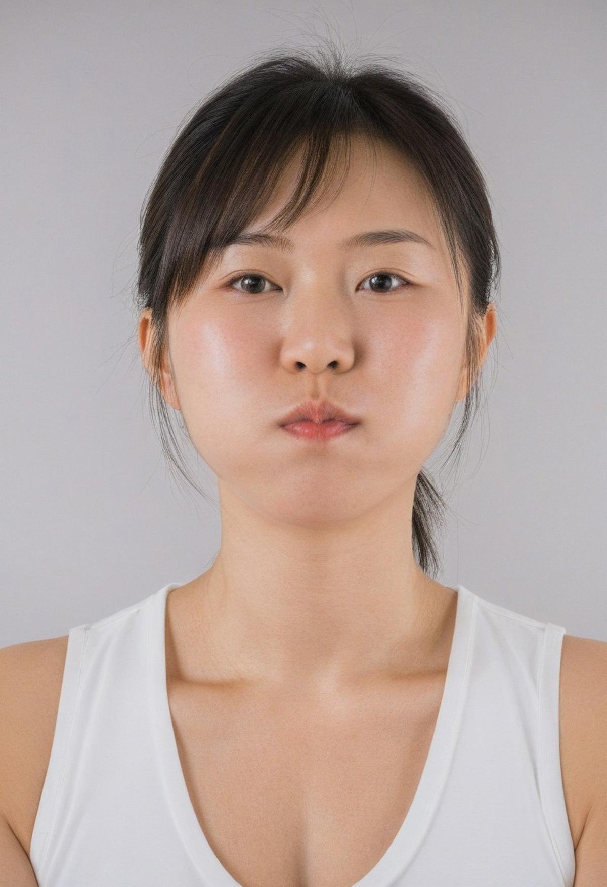 puffedoutcheeks, woman, asian, upper body photo, shoulders, face, chest