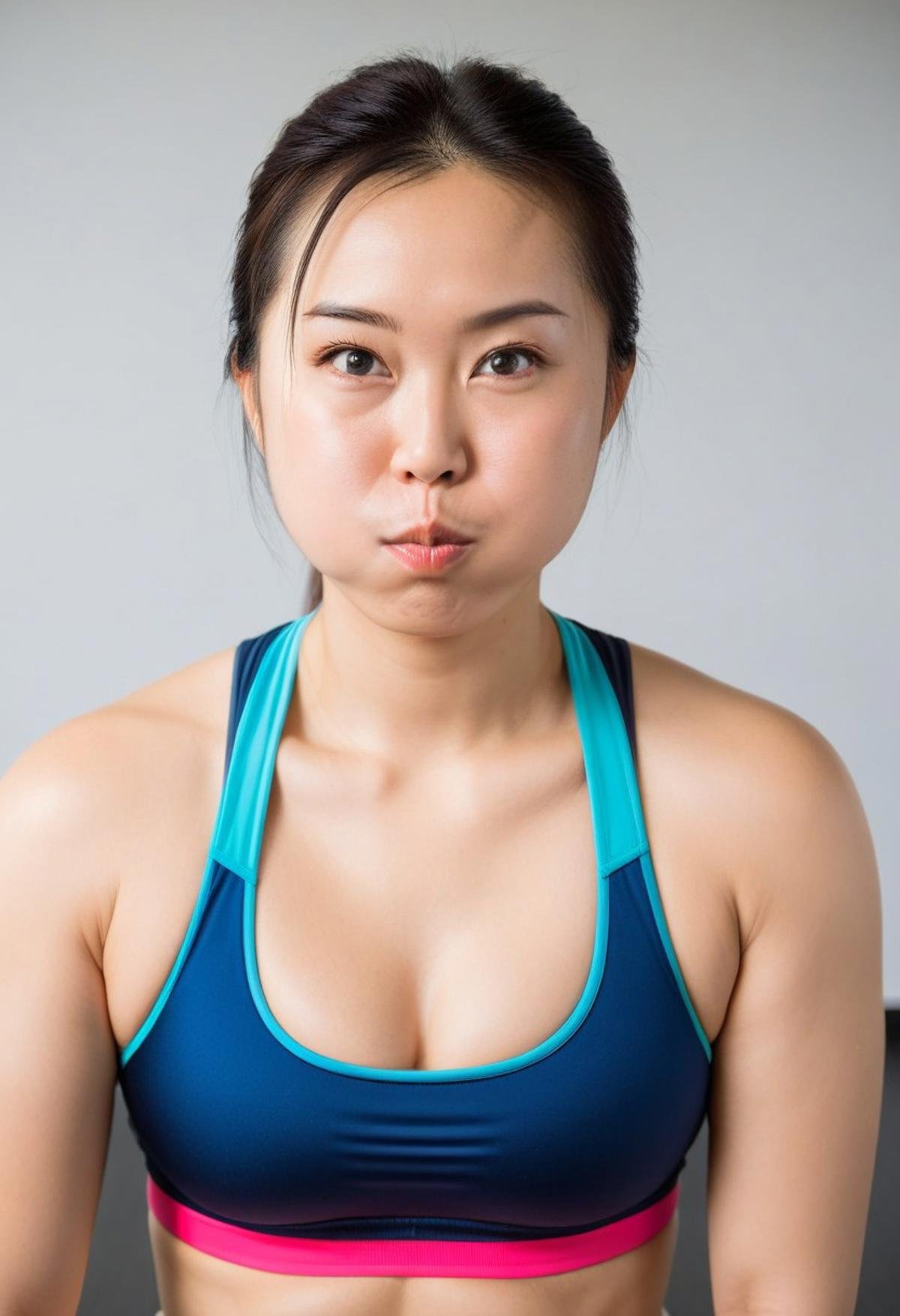 puffedoutcheeks, Woman, portrait, bulging cheeks, Asian, face, shoulders, sports bra