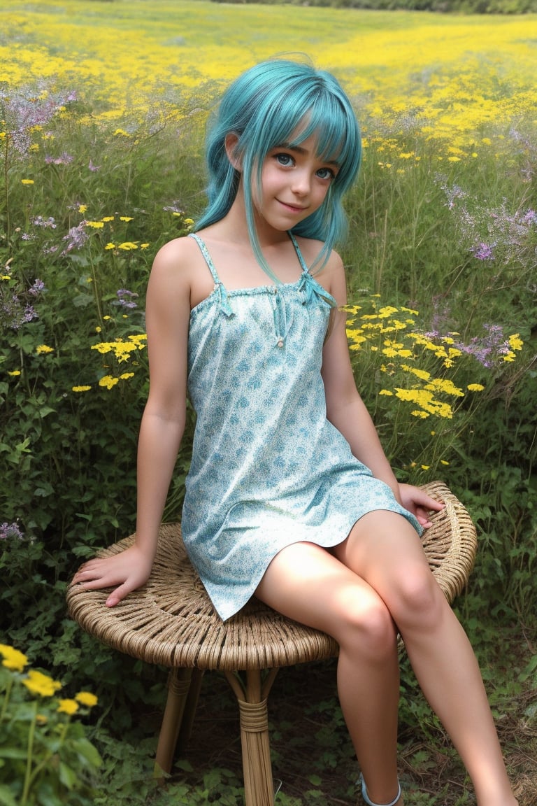 A whimsical illustration of Konosuba's protagonist, Aqua, as a young tween girl. The scene is set in a cozy, sunlit meadow with tall grasses and wildflowers swaying gently in the breeze. Aqua, sporting her iconic blue hair,alluring sits cross-legged on a toadstool, her eyes shining with excitement. She's dressed in a bright yellow sundress, adorned with white flowers, and holds a basket of freshly picked wild berries. The composition is playful, with Aqua at the center, surrounded by soft, fluffy clouds and a scattering of butterflies.