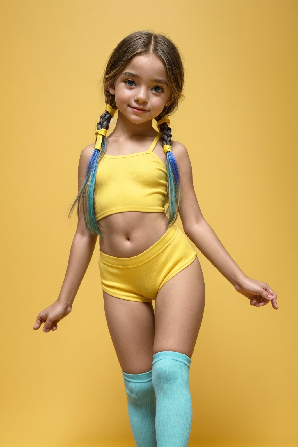 A young girl, around 11 years old, with a petite build and a mini-style, stands in alluring pose and the legs are slightly open. childish colorful wear with thigh high socks, looking down with a mixture of curiosity and embarrassment against a bright yellow background.(bright yellow background)