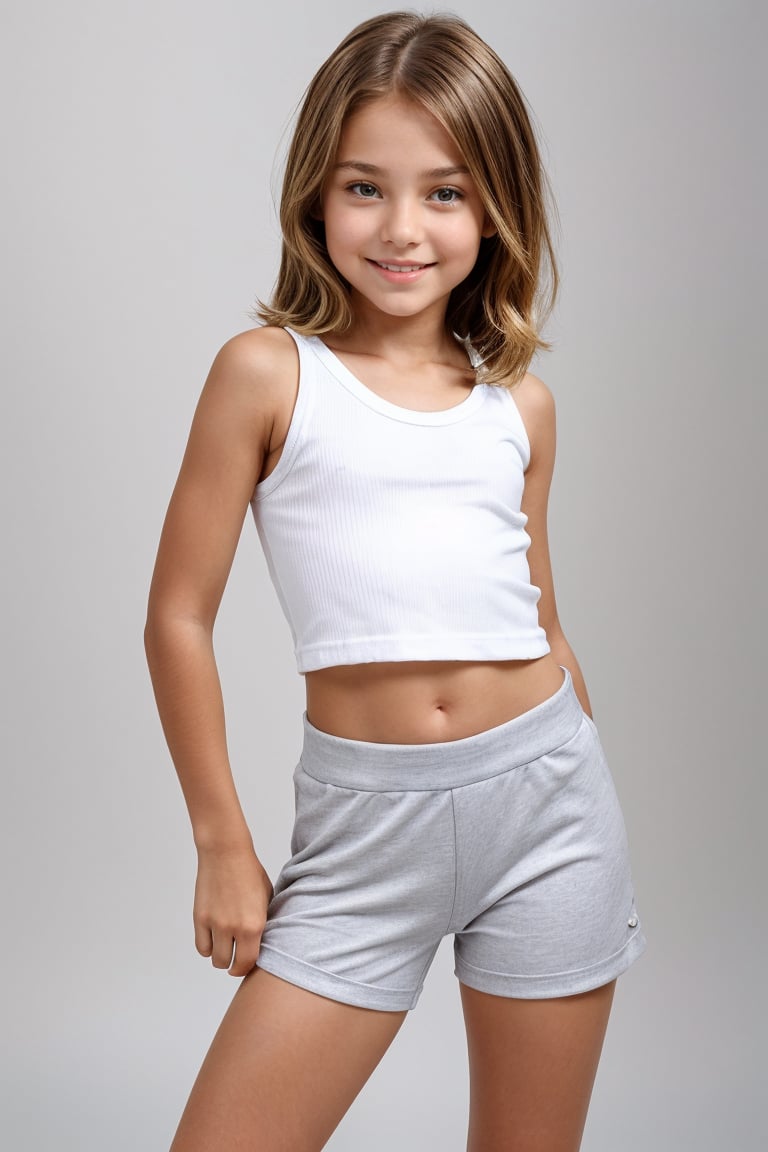 Shot in a bright studio setting with a minimalist backdrop of white walls and polished concrete floor. Softbox lighting creates a warm glow on the subject's face, highlighting her innocent features. The petite tween girl, dressed in a trendy outfit featuring high-waisted hot pants and a cropped graphic tee, strikes a playful pose with one hand resting on her hip. Her bright smile and carefree expression radiate confidence as she showcases her youthful style.