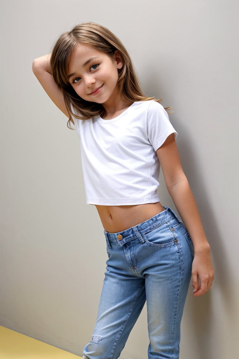 Shot in a bright studio setting with a minimalist backdrop of white walls and polished concrete floor. Softbox lighting creates a warm glow on the subject's face, highlighting her innocent features. The petite tween girl, dressed in a trendy outfit featuring high-waisted jeans and a cropped graphic tee, strikes a playful pose with one hand resting on her hip. Her bright smile and carefree expression radiate confidence as she showcases her youthful style.