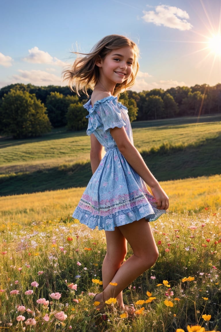 Soft focus captures a whimsical moment of a tousled-haired tween girl posing on a sun-kissed meadow. She wears a vintage-inspired dress with ruffles and bows, her tiny chest adorned with a delicate lace trim. The camera angles down to emphasize the gentle curves of her waist and hip, as she gazes up at the sky with a carefree smile. A sprinkle of wildflowers adds a touch of innocence to the scene, while the warm golden light infuses the atmosphere with warmth.