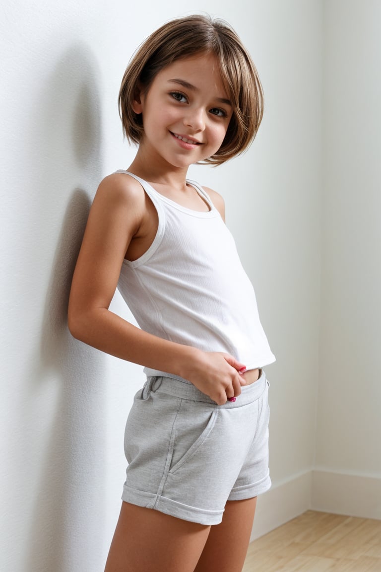 Shot in a bright studio setting with a minimalist backdrop of white walls and polished concrete floor. Softbox lighting creates a warm glow on the subject's face, highlighting her innocent features. The petite tween girl, dressed in a trendy childish style outfit featuring high-waisted short hotpants and a wet t-shirt, strikes a playful pose with one hand resting on her hip. Her bright smile and carefree expression radiate confidence as she showcases her youthful naughty style.