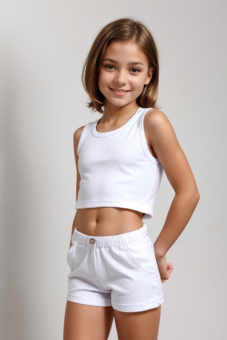 Shot in a bright studio setting with a minimalist backdrop of white walls and polished concrete floor. Softbox lighting creates a warm glow on the subject's face, highlighting her innocent features. The petite tween girl, dressed in a trendy outfit featuring high-waisted hot pants and a cropped graphic tee, strikes a playful pose with one hand resting on her hip. Her bright smile and carefree expression radiate confidence as she showcases her youthful style.