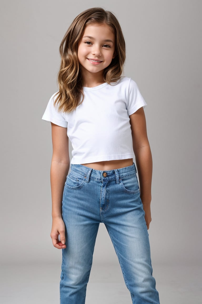 Shot in a bright studio setting with a minimalist backdrop of white walls and polished concrete floor. Softbox lighting creates a warm glow on the subject's face, highlighting her innocent features. The petite tween girl, dressed in a trendy outfit featuring high-waisted jeans and a cropped graphic tee, strikes a playful pose with one hand resting on her hip. Her bright smile and carefree expression radiate confidence as she showcases her youthful style.