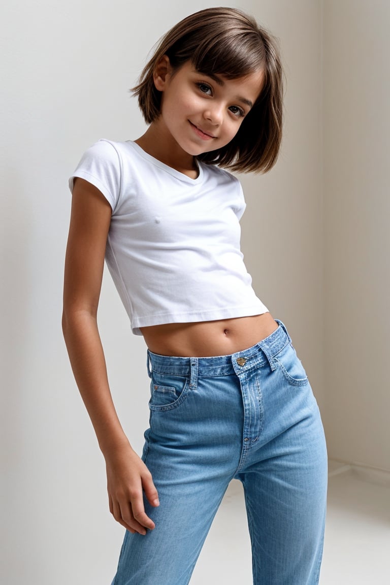 Shot in a bright studio setting with a minimalist backdrop of white walls and polished concrete floor. Softbox lighting creates a warm glow on the subject's face, highlighting her innocent features. The petite tween girl, dressed in a trendy outfit featuring high-waisted jeans and a cropped graphic tee, strikes a playful pose with one hand resting on her hip. Her bright smile and carefree expression radiate confidence as she showcases her youthful style.