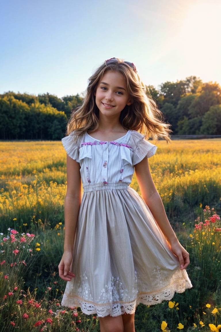 Soft focus captures a whimsical moment of a tousled-haired tween girl posing on a sun-kissed meadow. She wears a vintage-inspired dress with ruffles and bows, her tiny chest adorned with a delicate lace trim. The camera angles down to emphasize the gentle curves of her waist and hip, as she gazes up at the sky with a carefree smile. A sprinkle of wildflowers adds a touch of innocence to the scene, while the warm golden light infuses the atmosphere with warmth.