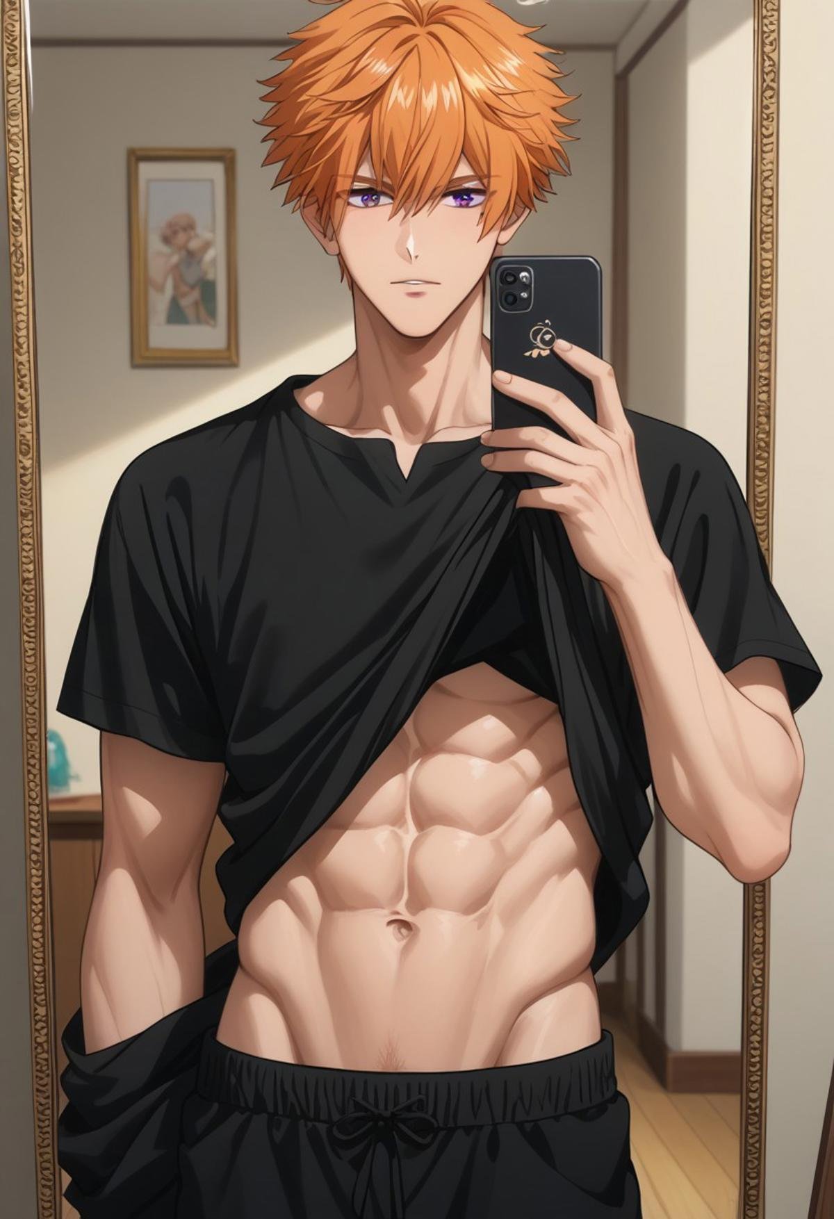 score_9, score_8_up, score_7_up, source_anime, rating_safe, Beelobey, 1boy, male focus, anime screencap, abs, holding cellphone, undressing, pulling-up black shirt, mirror selfie, 