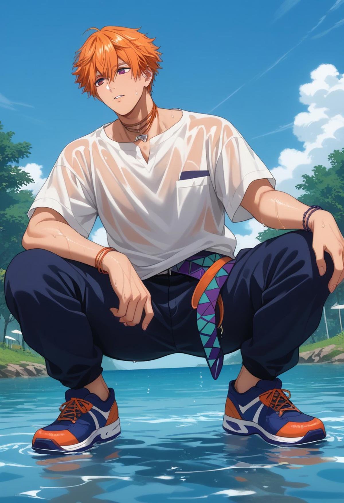 score_9, score_8_up, score_7_up, source_anime, rating_safe, water, Beelobey, 1boy, male focus, anime screencap, white shirt, silver two-triangle necklace, dark blue pants, orange-indigo bracelet, black-orange shoes, indigo patterned 3belts, squatting, wet clothes, from below,