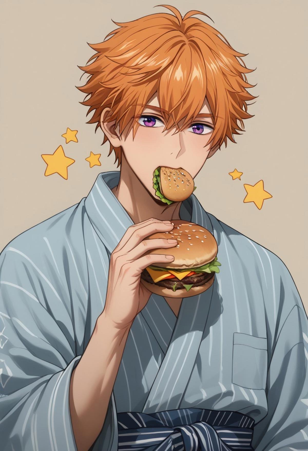 score_9, score_8_up, score_7_up, source_anime, rating_safe, Beelobey, 1boy, male focus, anime screencap, grey yukata, hamburger on mouth, upper body, eating, simple background, stars-symbol, cute wallpaper,