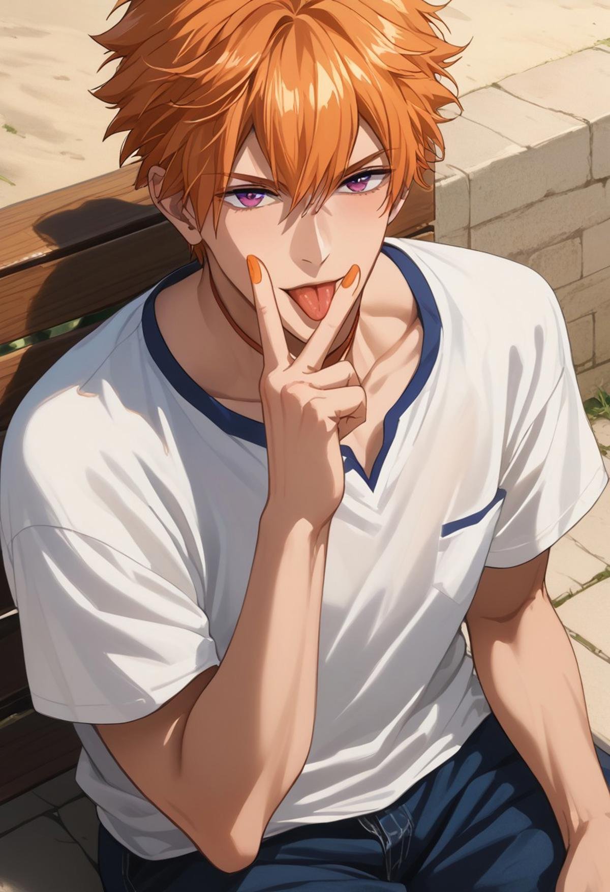 score_9, score_8_up, score_7_up, source_anime, rating_safe, v, Beelobey, 1boy, male focus, anime screencap, orange fingernails, sitting, from above, cunnilingus gesture, tongue out, 