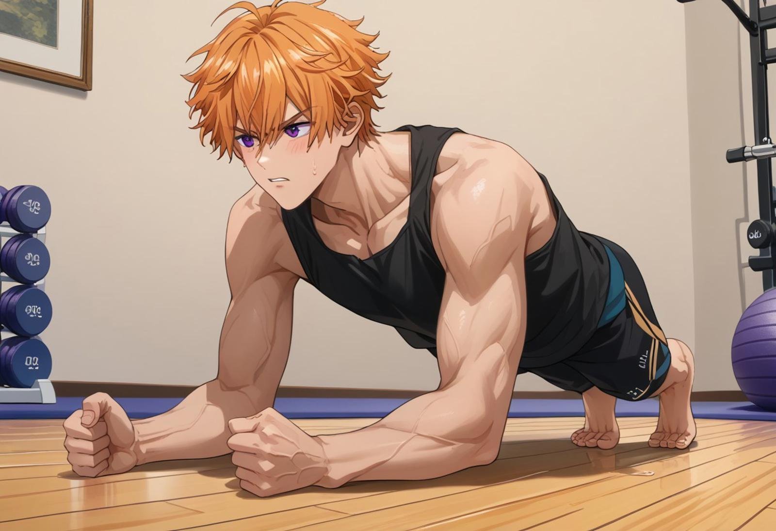 score_9, score_8_up, score_7_up, source_anime, rating_safe, Beelobey, 1boy, male focus, anime screencap, black tank top, black cycling, barefoot, planking, exercise, clenched hands