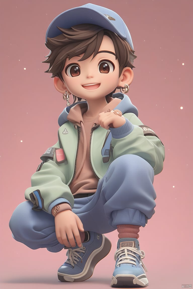 3Dstyle,solo, looking at viewer, smile, short hair, simple background, brown hair, black hair, long sleeves, 1boy, hat, brown eyes, jewelry, jacket, full body, male focus, earrings, shoes, shorts, pants, hood, gradient, gradient background, hoodie, squatting, pink background, hood down, blue jacket, sneakers, baseball cap, index finger raised, blue headwear, blue footwear, male child