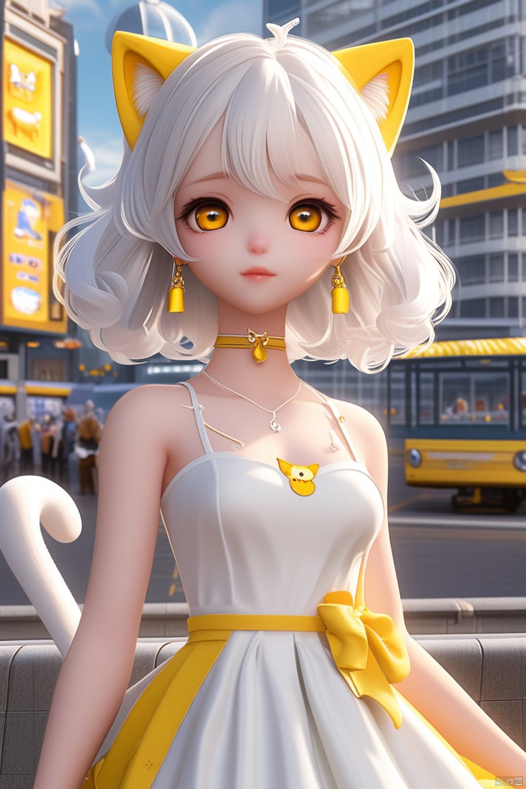 猫耳女孩,白色头发,白裙,黄色眼睛,3D style,铃铛,城市背景