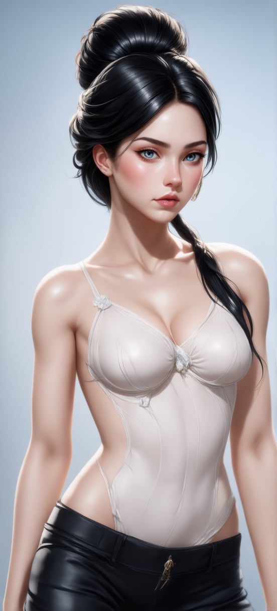 women. beautiful detailed face, black hair, pale skin, light skin, realistic skin, detailed fabric texture, detailed hair texture, perfect proportion, accurate, anatomically correct, highly detailed skin and face texture, modern, photorealistic, perfect face, hyper realism, mega realism, high quality. warrior, ancient mongolia, messy hairstyle. whole body. black pants, black boots,digital art