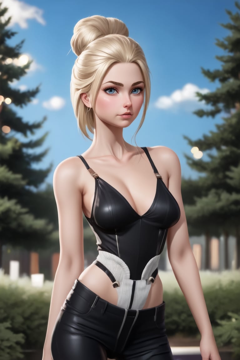 women. beautiful detailed face, blonde bun hair, pale skin, light skin, realistic skin, detailed fabric texture, detailed hair texture, perfect proportion, accurate, anatomically correct, highly detailed skin and face texture, modern, perfect face, high quality. modern flannel, acoustic music style. whole body. black pants, black boots,digital art