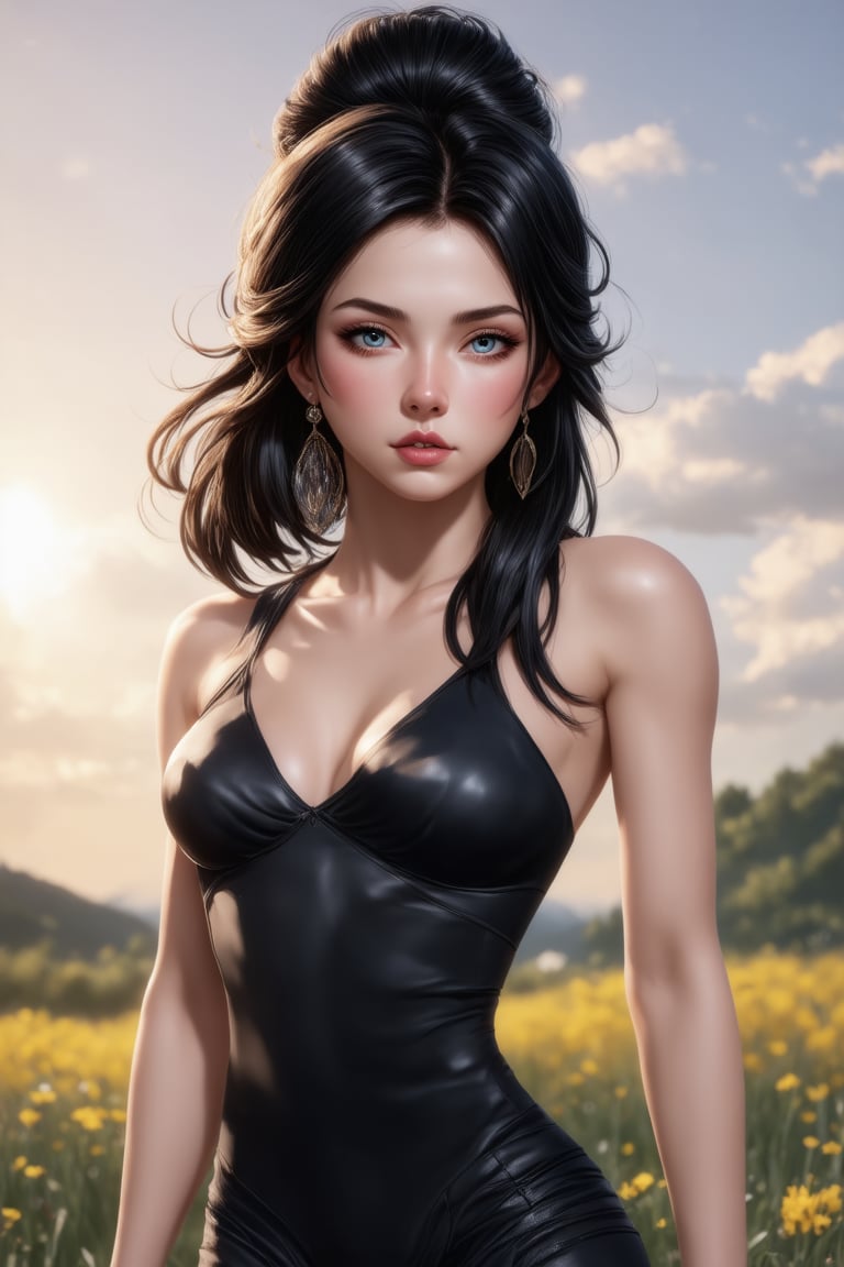 women. beautiful detailed face, black hair, pale skin, light skin, realistic skin, detailed fabric texture, detailed hair texture, perfect proportion, accurate, anatomically correct, highly detailed skin and face texture, modern, photorealistic, perfect face, hyper realism, mega realism, high quality. warrior, ancient mongolia, messy hairstyle. whole body. black pants, black boots,digital art