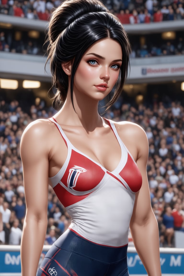 athlete. beautiful detailed face, black hair, pale skin, light skin, realistic skin, detailed fabric texture, detailed hair texture, perfect proportion, accurate, anatomically correct, highly detailed skin and face texture, modern, photorealistic, perfect face, hyper realism, mega realism, high quality. sport, olympic, messy hairstyle. whole body. sport uniform pants, sport boots,digital art