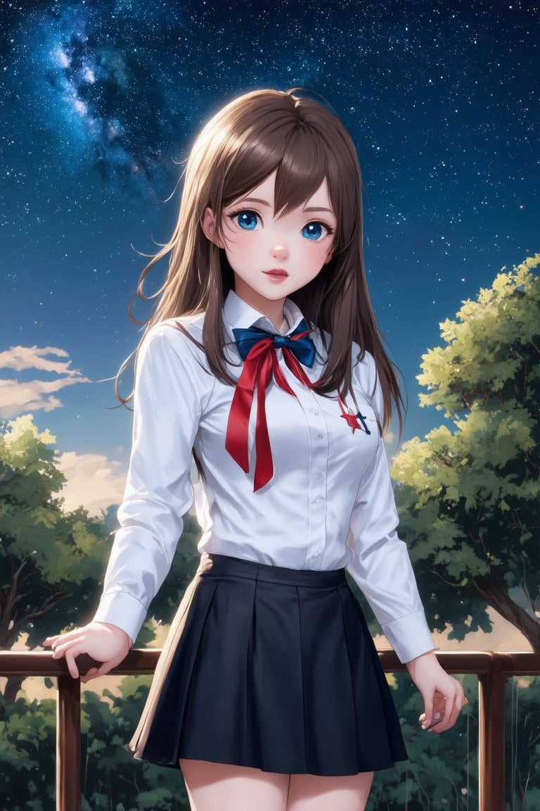 1girl, solo, long hair, looking at viewer, blue eyes, skirt, brown hair, shirt, long sleeves, ribbon, school uniform, standing, white shirt, cowboy shot, pleated skirt, outdoors, parted lips, sky, collared shirt, black skirt, red ribbon, tree, lips, blue skirt, neck ribbon, night, star \(sky\), night sky, forehead, starry sky, realistic, railing