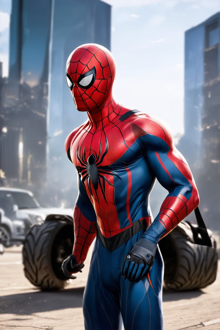 Spider man , holding, male focus, bag, bodysuit, mask, ground vehicle, motor vehicle, car, superhero,digital art