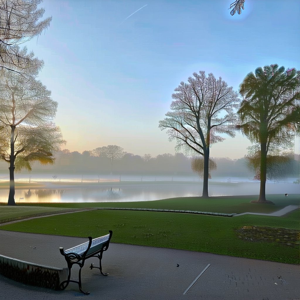 A serene park scene at dawn, with soft morning light filtering through tall, lush trees. A gentle mist hovers over a small pond, where a lone swan glides gracefully. The park bench is empty, inviting, positioned to overlook the tranquil water. The composition emphasizes the peaceful atmosphere, with a focus on natural elements and subtle, calming colors.