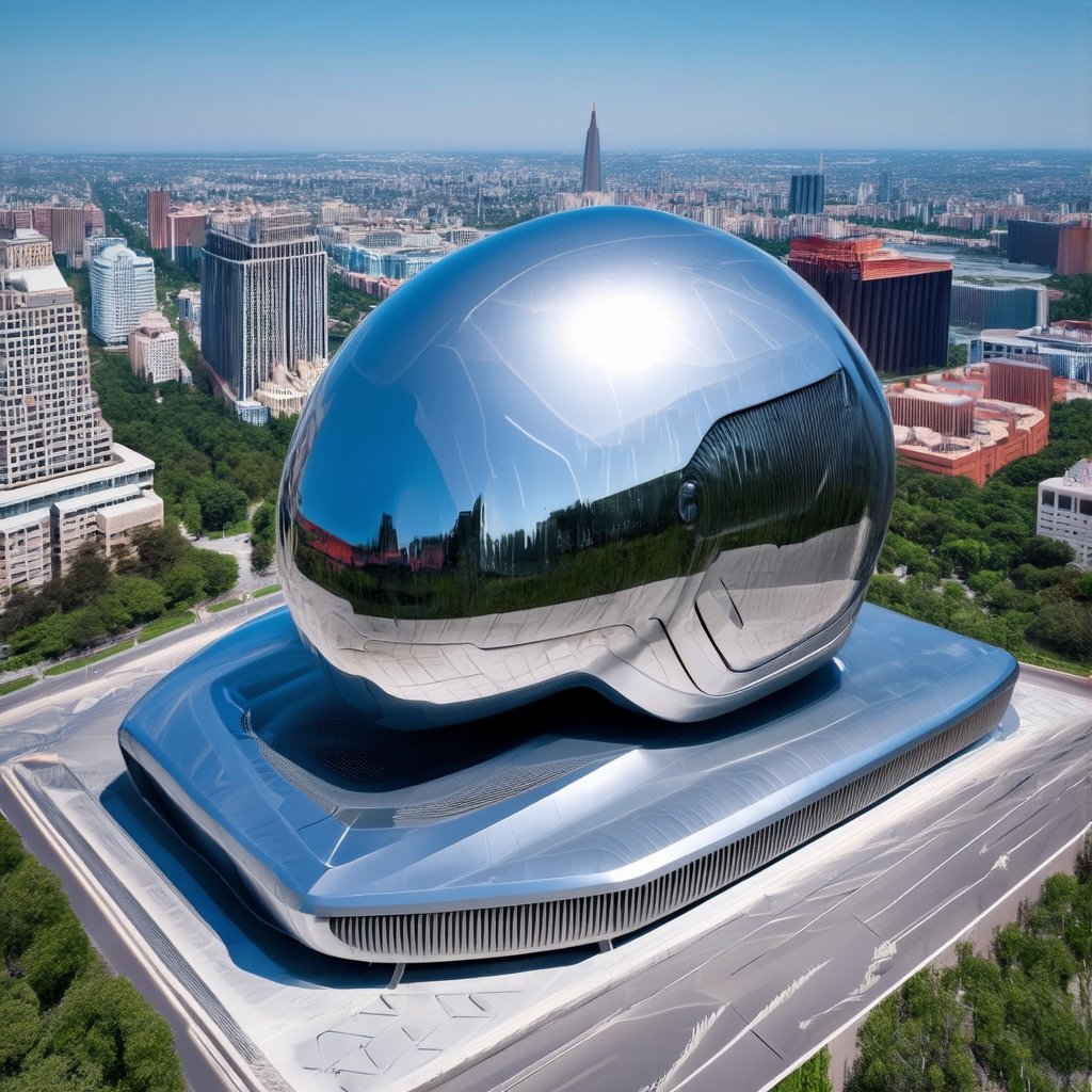 A futuristic cityscape features a striking architectural wonder: a building shaped like a gleaming silver helmet, its metallic surface reflecting the vibrant hues of the surrounding metropolis. The structure's unique design dominates the skyline, with sharp lines and angular facets creating a dramatic silhouette against a bright blue sky.,Park,Realistic Enhance