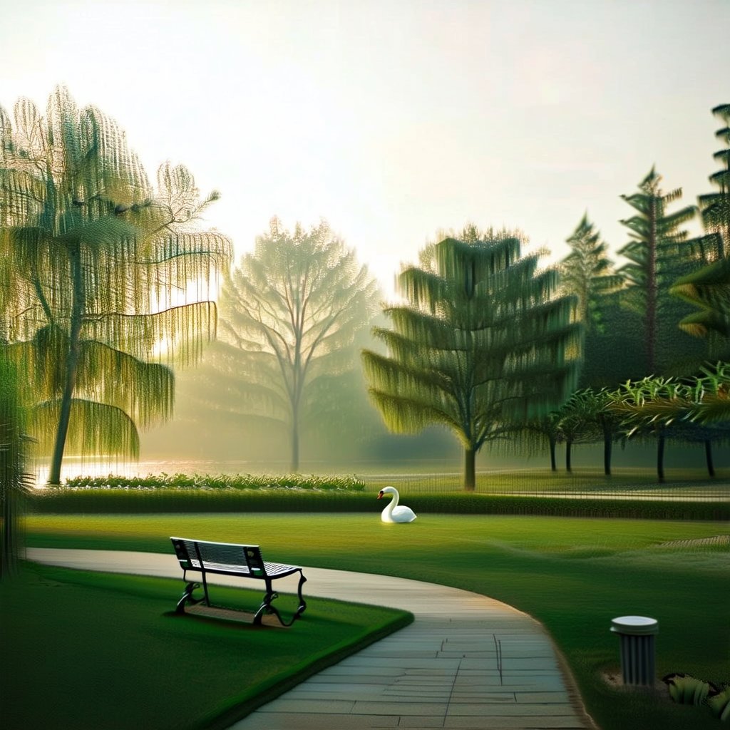 A serene park scene at dawn, with soft morning light filtering through tall, lush trees. A gentle mist hovers over a small pond, where a lone swan glides gracefully. The park bench is empty, inviting, positioned to overlook the tranquil water. The composition emphasizes the peaceful atmosphere, with a focus on natural elements and subtle, calming colors.