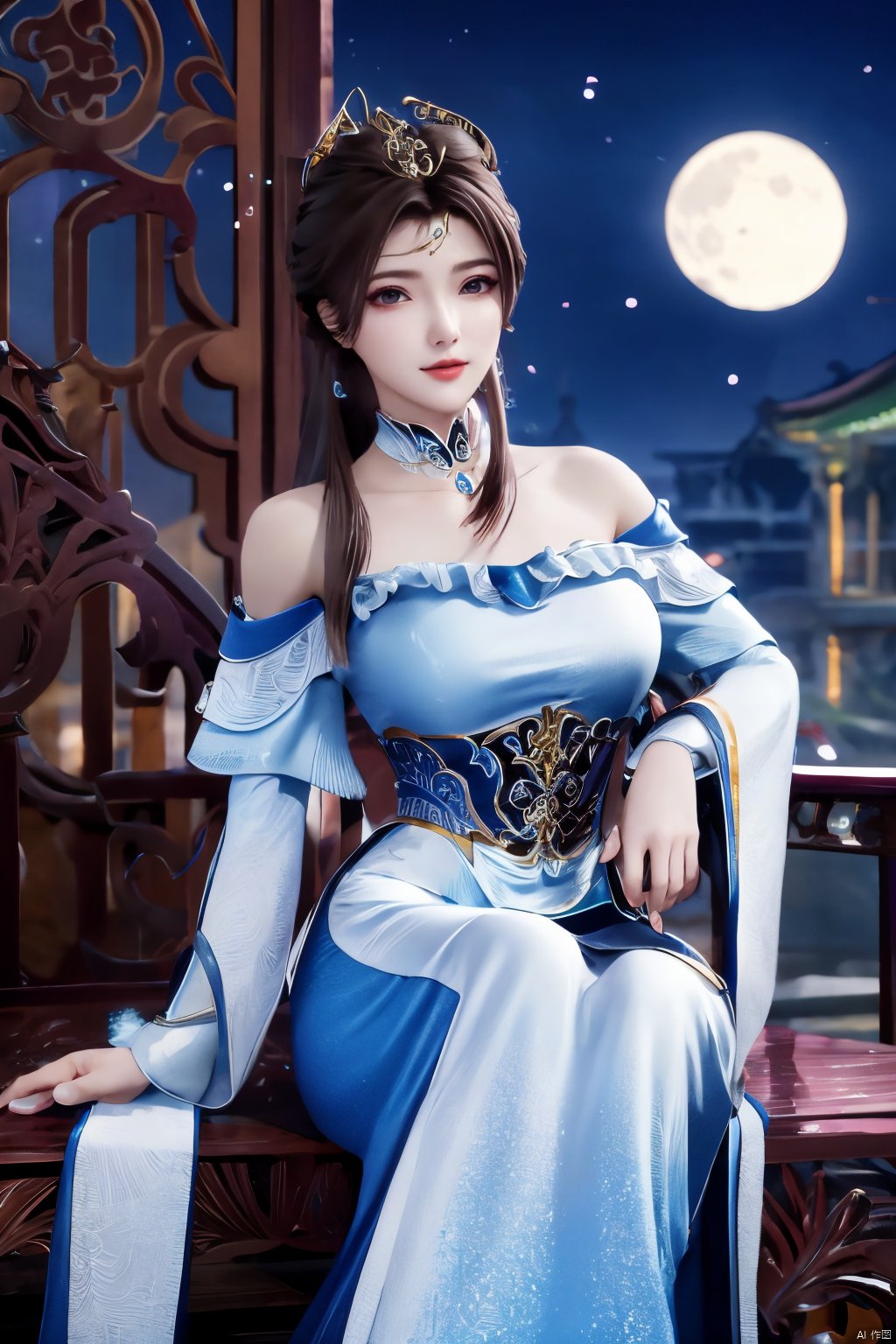 (masterpiece:1.3),  Best quality:1.4), (1girls),big breasts,1 girl,Xzhihua,full moon,Xbibo